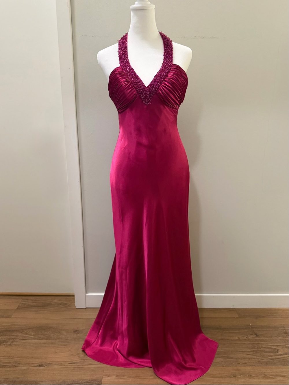 Vintage Morgan & Co. Fuchsia Beaded Halter Satin Formal Occasion Gown